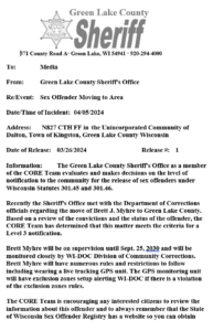Sex Offender Release Notification - Green Lake County, WI