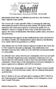 Sex Offender Release Notification - Green Lake County, WI
